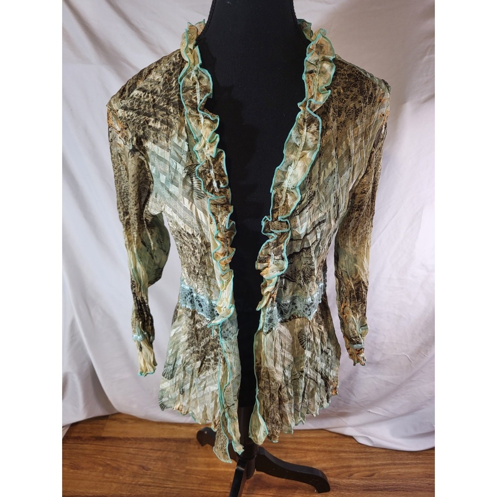 Vintage Piano Crinkle Top Blouse S  Embellished Lace Bell Sleeve Boho Beachy